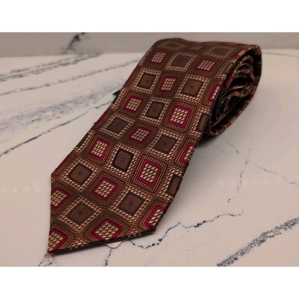 Jos.A.Bank Signature Collection 100% Silk Italy Tie Brown‎ Square Geometric NWT